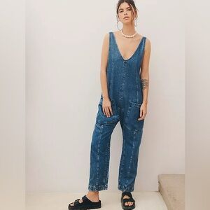 FREE PEOPLE High Roller Jumpsuit Blue Denim Overalls with Front Patch Pockets